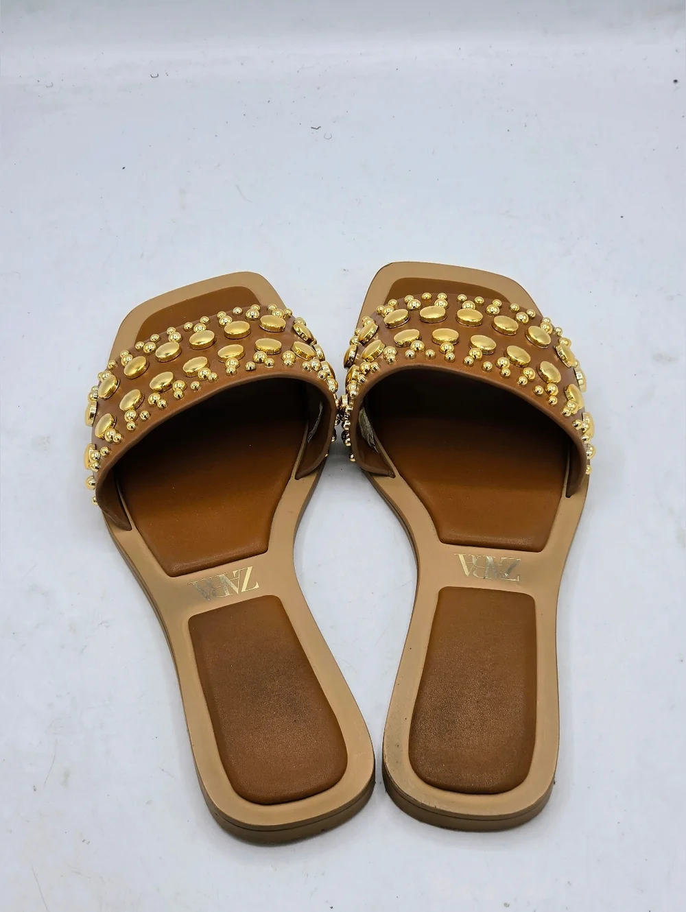 Zara Studded Flat Leather Slide Sandals Size 7.5 - Picture 4 of 14